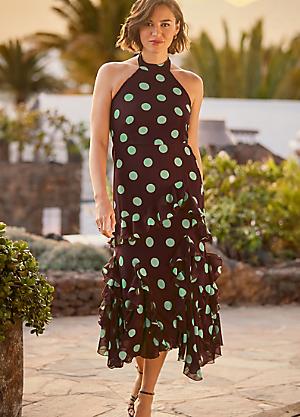 Joe Browns Polka Dot Halter Neck Midi Dress with Ruffle Hem | Kaleidoscope