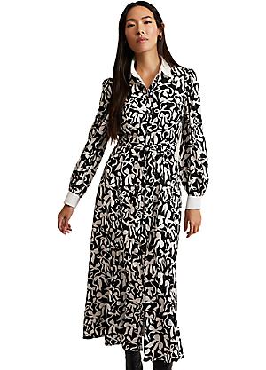 White & Black Geometric Print Midi Shirt Dress