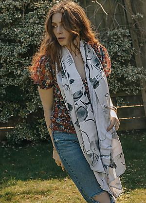 Long Hand Painted Silk Scarf - Monochrome Flowers