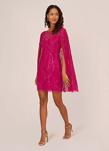 Adrianna Papell Beaded Short Cape Sleeve Dress Kaleidoscope