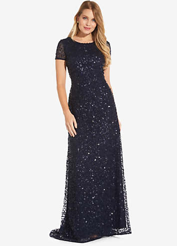 Scoop back sequin gown best sale with three quarter sleeves