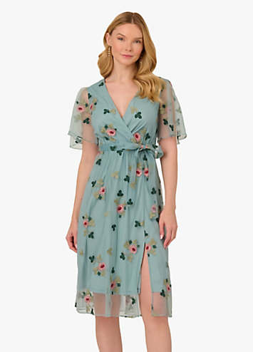 green emerald velvet dress Adrianna Papell Floral Sequin Embroidery Midi Sheath Dress