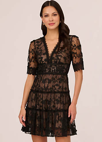 Adrianna Papell Daytime Black Navy Mesh & Embroidered Lace Dress