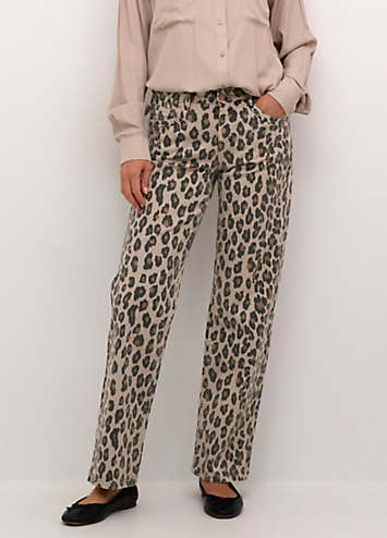 Bykenna Cropped Leopard Print Jeans by B-Young - Chocolate/Ecru