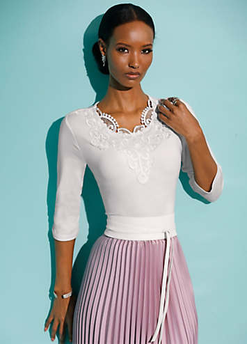 トップス CODE A stretch lace tops Long Sleeve Plunge Clasp Front Frill Detail Top In Black