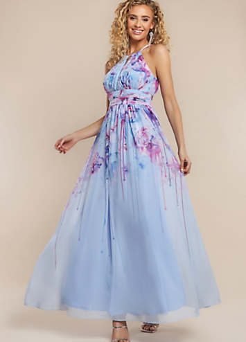 Goddiva Floral Printed Chiffon Halter Maxi Dress