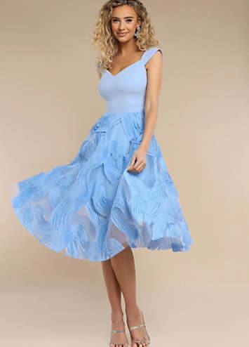 Goddiva Scuba & Chiffon Balloon Sleeve Wrap Midi Dress - Blush Pink