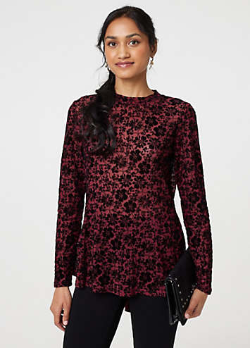 Izabel London Burgundy Floral Mesh Layered Long Sleeve Peplum Top Kaleidoscope