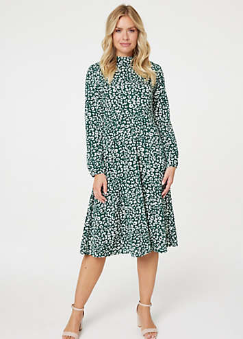 Izabel London Green Leopard Print High Neck Tea Dress | Kaleidoscope