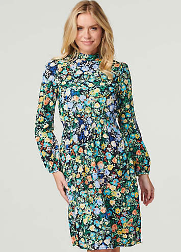 Izabel London Multi Navy Ditsy Floral High Neck Tea Dress | Kaleidoscope