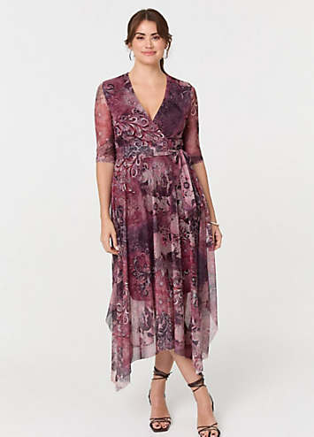 Izabel London Plum Floral Mesh Hanky Hem Wrap Midi Dress