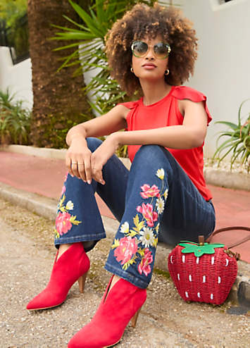 Johnny Was Medium Wash Floral Embroidered Mid-Rise Distressed Raw Boot Cut Jeans main image 1