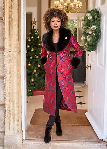 Joe Browns Floral Jacquard Faux Fur Trim Statement Coat Kaleidoscope