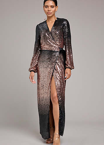 Kaleidoscope Black/Gold Ombre Sequin Wrap Maxi Dress | Kaleidoscope