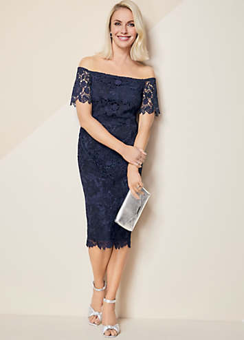 Kaleidoscope Navy Bardot Lace Dress | Kaleidoscope