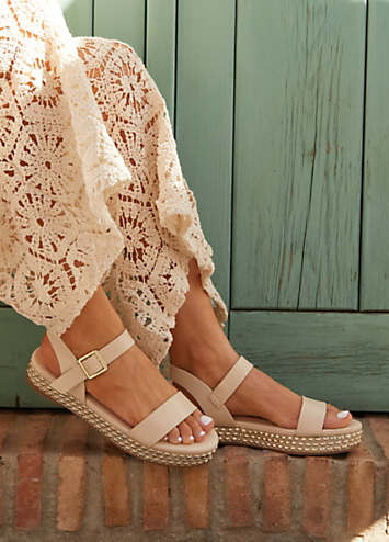 Linzi Marine Nude Faux Leather Flatform Sandals with Beaded Trim