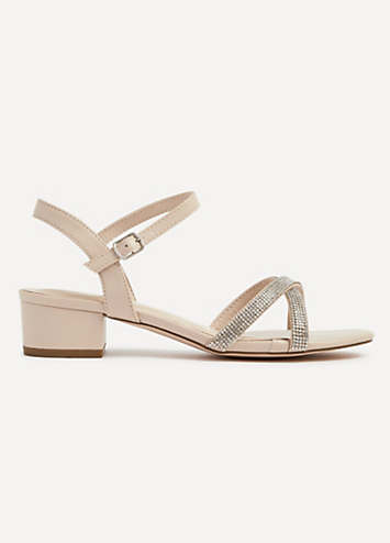 Linzi Vanity Nude Faux Leather Crossover Diamante Strap Low Block