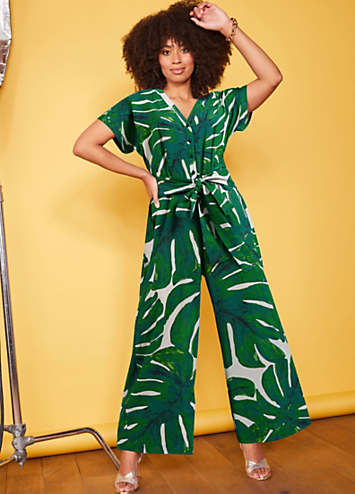 Petite Palm Print Wrap Front Jumpsuit