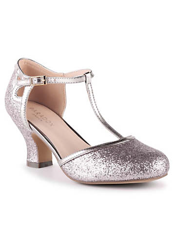 Paradox London Vintage Rose Glitter ’Joanna’ Low Heel T-Bar Court Shoes ...