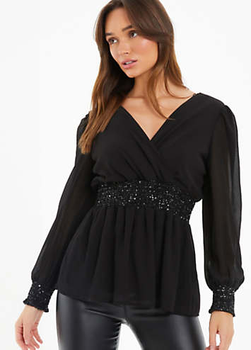 Quiz Black Chiffon & Sequin V-Neck Wrap Peplum Top | Kaleidoscope