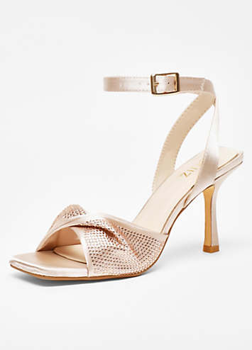 Quiz Champagne Satin Diamante Twist Front Heel Sandals | Kaleidoscope