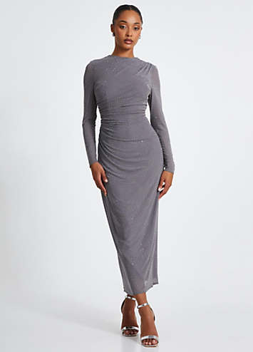 quiz dresses long sleeve Quiz Grey Glitter Mesh Long Sleeve Maxi Dress
