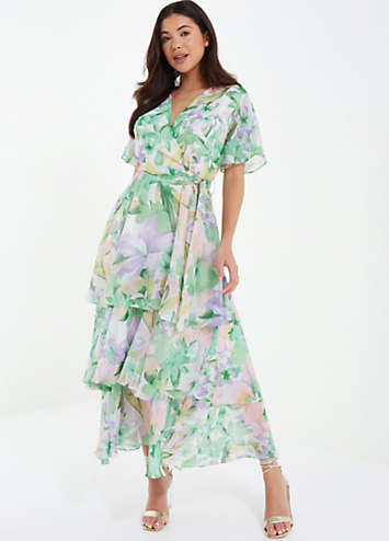 Quiz Multi Chiffon Floral Maxi Wrap Cap Sleeve Tiered Dress | Kaleidoscope