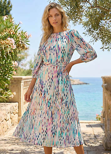 Roman Blurred Print Pleat Neck Midi Dress | Kaleidoscope