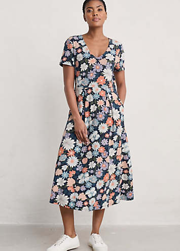 Seasalt Cornwall Navy Helena Short Sleeve V-Neck Midi Dress | Kaleidoscope