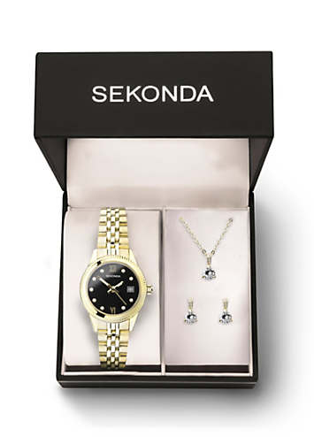 Sekonda Exclusive Ladies Gold Stainless Steel Bracelet Analogue 26mm Watch,  Earrings Pendant Gift Set Kaleidoscope