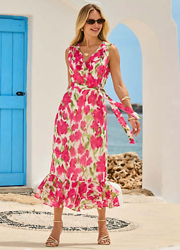 Sosandar Pink Floral Print Ruffle Hem Tiered Wrap Midaxi Dress