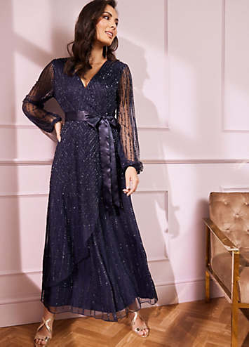 Navy Sequin Embellished Long Sleeve Maxi Dress