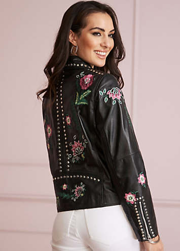 black leather jacket with embroidery