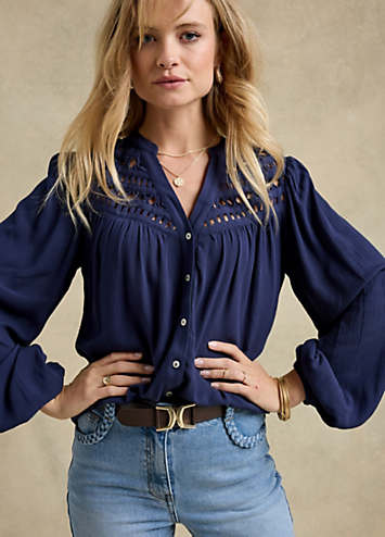 Elegant Navy Frill Yoke Women Blouse