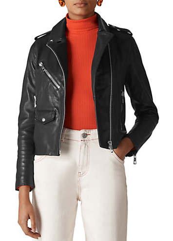 black leather jacket with red inside