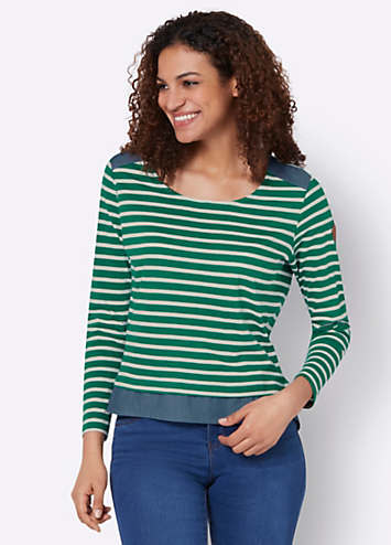 STRIPE PRINT TIE HEM ROUND NECK CAPE SLEEVE TOP
