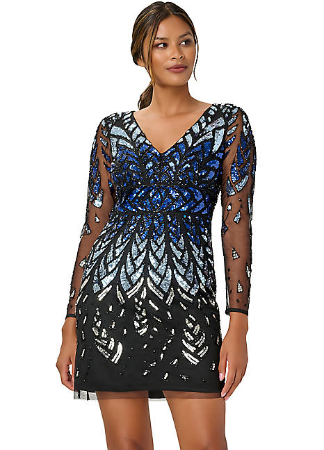 Adrianna Papell Beaded Long Sleeve Dress Kaleidoscope