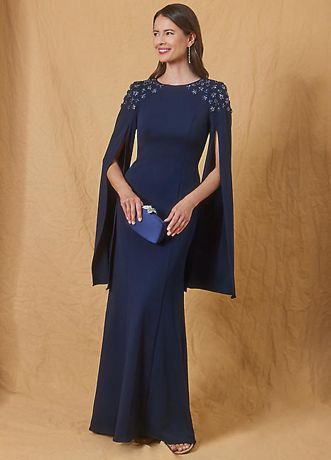 Adrianna Papell Crepe Beaded Cape Sleeve Gown Kaleidoscope