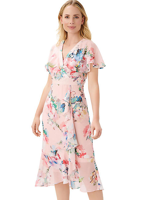 Adrianna Papell Floral Print Twill Ruffled Midi Faux Wrap Dress