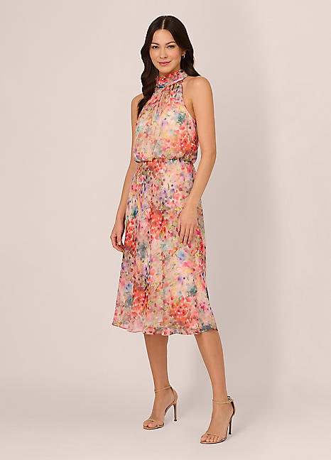 Adrianna Papell Halter Tie Blouson Midi Dress Kaleidoscope