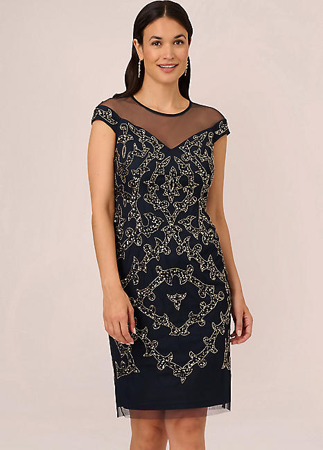 Adrianna Papell Studio Beaded Illusion Yoke Dress Kaleidoscope