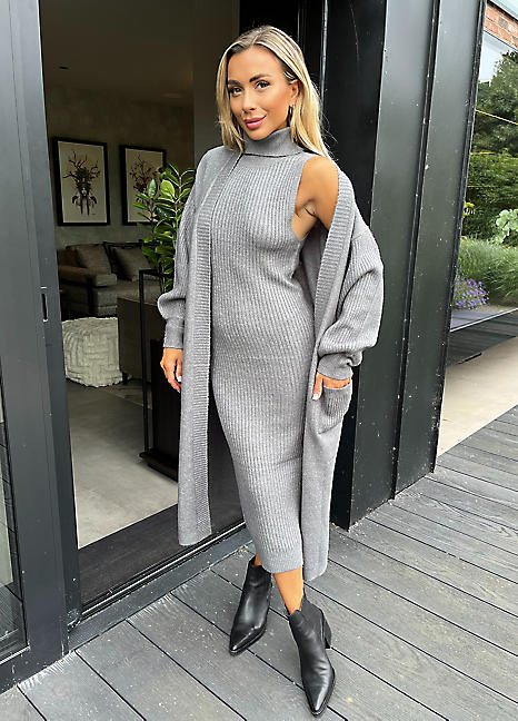 nagonstans knit combination dress グレー AX Paris Mid Grey Knitted Midi Dress & Cardigan Co-Ord | Kaleidoscope