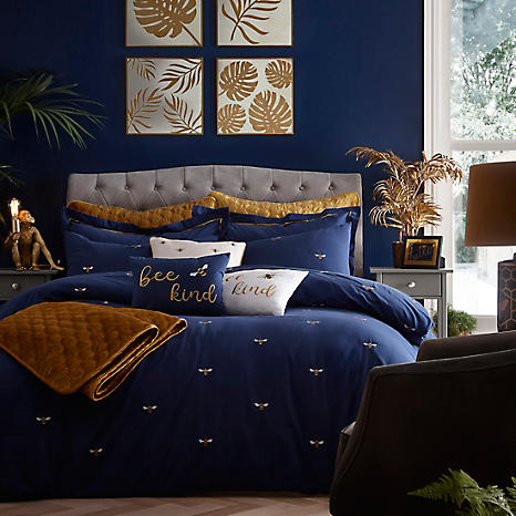 Bee Kind Embroidered Navy Duvet Cover, Blue And Gold Duvet Cover