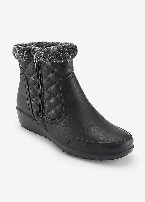 Cotton Traders Black Flexisole Fleece Collar Ankle Boots