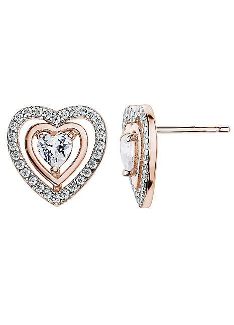 Sabrina Silver Dainty 10K White Gold Pink Topaz Heart Dangle Earrings for Girls White Sapphire Accent Fishhook, 7/8 inch