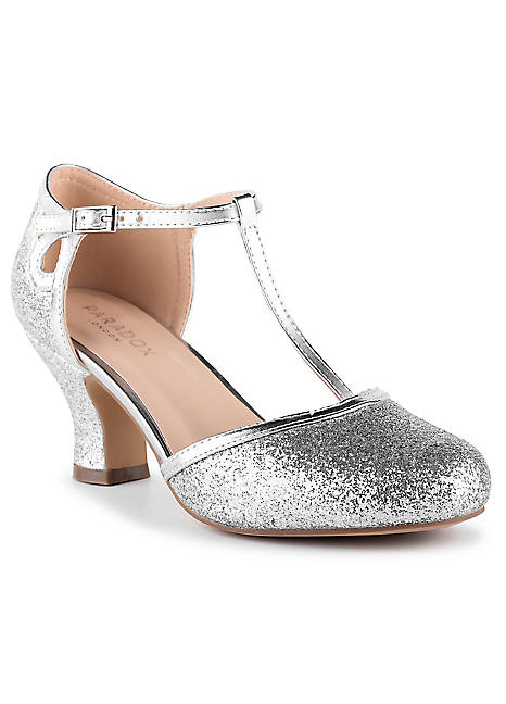 Glitter ’Joanna’ Silver Low Heel T-bar Court Shoes by Paradox London ...