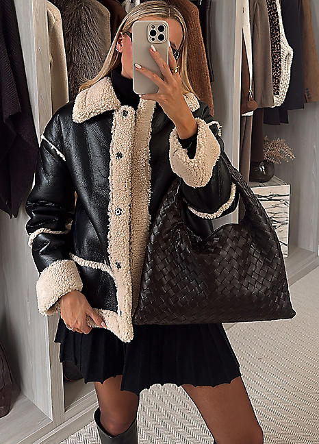 In The Style Perrie Sian Black Faux Shearling Aviator Jacket