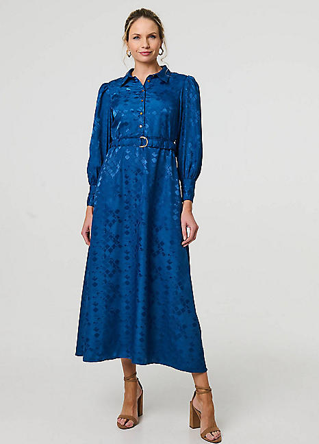 Izabel London Blue Metallic Puff Sleeve Maxi Shirt Dress