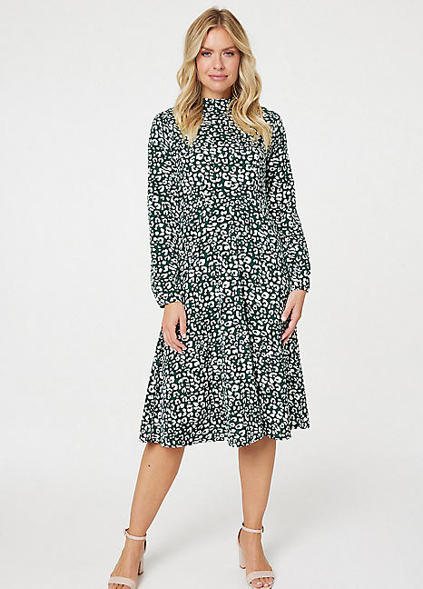 Izabel London Green Leopard Print High Neck Tea Dress Kaleidoscope