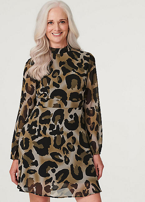 Izabel London Khaki Animal Print High Neck Dress